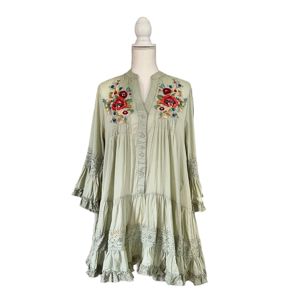 Peace + Love Embroidered Sage Green Tiered Crochet Lace Mini Dress